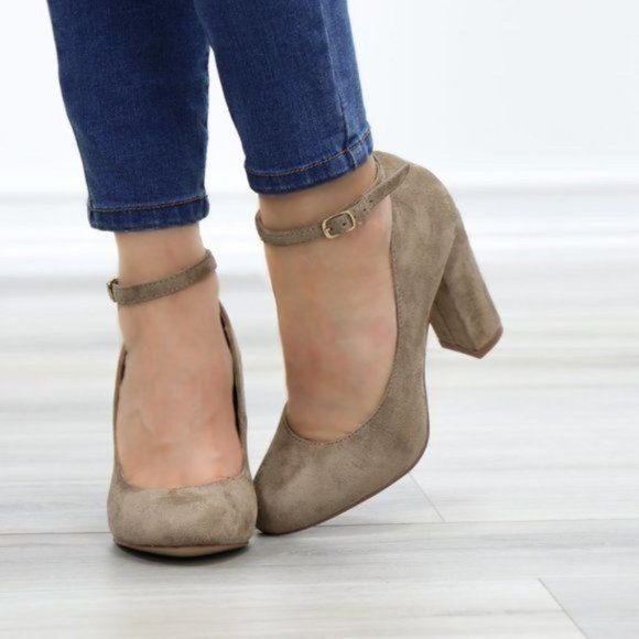 Taupe Ankle Strap Vintage Style Block Heels - Picture 7 of 13